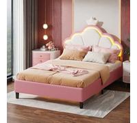 Lit Enfant 90x200 cm avec LED et Tête de Lit Réglable, Lits Fille avec Tête en Forme de Couronne, Cadre avec Sommier à Lattes, Pieds en Métal, sans Matela, Velours, Rose