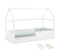 Lit Enfant 90x200 cm Blanc avec Matelas | Lit Cabane avec Barrière de Sécurité | Montessori | Lit Simple | avec Sommier | Bois