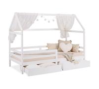 Lit Enfant 90x200 cm Blanc | Lit cabane avec barrière de protection et tiroir de lit | Montessori | Lit simple | avec sommier | Bois