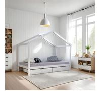 Lit Enfant 90x200 cm Blanc | Lit Cabane avec Tiroirs | Lit Simple | avec Sommier | Bois
