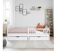 Lit Enfant 90x200 cm Blanc Naturel | Lit en bois avec 2 tiroirs | Lit simple | avec sommier | Barrière de protection