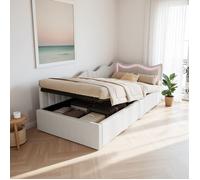 Lit Enfant 90x200 cm, Cadre de Lit avec LED, Lit Coffre avec Rangement de Hydraulique, Canapé Lit, Lit Simple, Polaire Teddy, Blanc