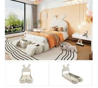 Lit enfant 90x200 cm - LANGTU - Oreilles de lapin - Velours beige - Bande LED réglable - Coffre + 2 tabourets