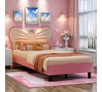 Lit Enfant 90x200 cm, Lit 1 Place avec Tête de Lit Réglable en Forme de Papillon et Bande Lumineuse LED, Lits Enfant avec Sommier à Lattes pour Fille, sans Matelas, Velours (Rose+Blanc, 90x200 cm)