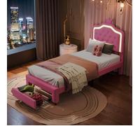 Lit Enfant 90x200 cm - Lit Couronne Princesse avec 1 Tiroirs - Tête LED Adjustable - Sommier Lattes - Rose - Sans Matelas