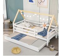 Lit enfant 90x200 cm - Lit Gigogne et Tiroir Coulissant dans Lit Cabane - Bois Massif Blanc - Sans Matelas