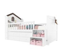 Lit enfant 90x200 cm - Lit Simple avec Cabane, Éclairage LED et Tiroirs de Rangement - Mi-Hauteur, Bois MDF - Blanc