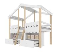 Lit Enfant 90x200 cm - Lit Simple avec Cabane, LED et Rangement - Mi-Hauteur, Pin MDF - Blanc et Bois Clair