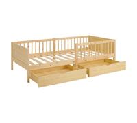 Homestyle4u Lit pour enfant, 90 x 200 cm, avec protection anti-chute et 2 tiroirs, sommier à lattes, lit de sol naturel, avec tiroir, lit en bois de pin, lit simple