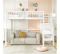 Lit enfant 90x200 cm- O.Ye - Lit mezzanine - Bois massif - Blanc - Avec escalier et penderie