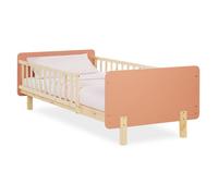 Lit Enfant 90x200 cm Rouge Naturel | Lit rétro avec barrière de protection | Lit simple | avec sommier | Bois