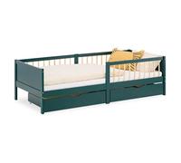 Lit Enfant 90x200 cm Vert | Lit en bois avec 2 tiroirs | Lit simple | avec sommier | Barrière de protection
