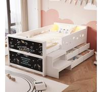 lit enfant 90x200, lit avec rangement, grille de lit ornée de motifs de stars et de lunes découpés, tableau blanc créatif, 4 tiroirs et repose-pieds, éclairé par des lampes LED, Barrières de Sécurité