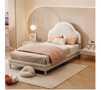 Lit enfant - 90x200 (velours beige) - Tête de lit forme nuage - LED multicolores - Sommier à lattes bois