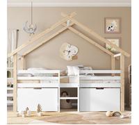 Lit enfant 90x200cm, lit mi-hauteur, lit cabane avec toit, barrière à quatre côtés, avec escalier, 2 casiers à roulettes