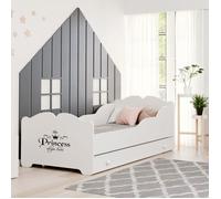 Lit enfant ANNA 140x70 blanc avec tiroir, sommier, matelas et inscription ""Princesse endormie""