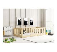 Lit enfant au Sol BELLA 80x160 cm Montessori avec Barrière de Sécurité et Sommier, Bois Massif Pin Interbeds(pin)