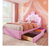 Lit enfant avec 2 tiroirs Lit 90x200 cm éclairage dambiance télécommandé lit princesse tête de lit réglable PU rose