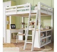 Lit enfant avec bureau, lit mezzanine 140×200cm, équipé de deux tiroirs et d'étagères de rangement, coloris blanc et bois naturel.