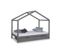 Homestyle4u Lit enfant cabane en bois gris avec matelas 90x200 et tiroir