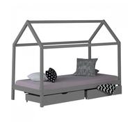 Lit Enfant matelas Maison Cabane Bois Gris 90x200 Lattes 2 Tiroirs Homestyle4u