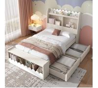 Lit enfant avec rangement 90x190 cm blanc et chêne avec tiroirs étagères et banc de rangement