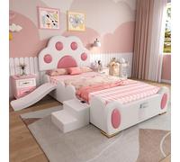 Lit Enfant avec tête de lit en Forme de Patte de Chat de Dessin animé, Lit Rembourré 90x200 cm avec Toboggan pour Enfant et échelle à Deux Niveaux, Blanc et Rose (sans Matelas)