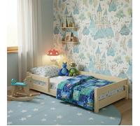 KOBI Lit d'enfant 120x60 cm, avec Tringle - Lit de Sol Nordi en Bois de pin Naturel