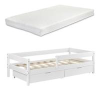 Lit enfant Borgarnes avec Barrière Anti-Chute et 2 Tiroirs Pin 90 x 200 cm Blanc [en.casa]