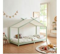 [en.casa] Lit Enfant Forme Maison Lit Cabane pour Chambre d'enfant avec Sommier à Lattes et Toit Amovible Bois de Pin Polyester Coton Contreplaqué 90 x 200 cm Vert Menthe Blanc