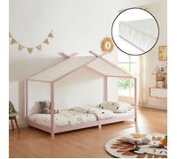 [en.casa] Lit Enfant Forme Maison avec Matelas à Mousse Froid Respirant Sommier à Lattes Lit Cabane pour Chambre d'enfant Bois de Pin Contreplaqué 90 x 200 cm Rose Blanc