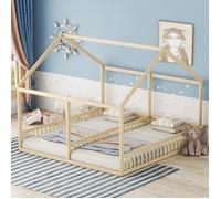 Lit enfant cabane 2 en 1 EVRYAE 90 x 200 cm en pin et MDF, 2 couchages côte à côte, naturel