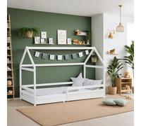 Lit enfant cabane 90x200 bois avec sommier, barrière & design au sol Homestyle4u