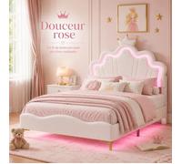 Lit enfant capitonnée 140x190 cm, Lit princesse avec LED tête et pied, Forme de couronn, Lit coffre pour fille, Cuir PU, Blanc