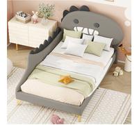 Lit Enfant Dinosaure avec Tête de Lit Cartoon et Sommier à Lattes - TCQPZ - en PU et MDF Gris 90 × 200 cm