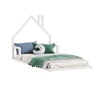 Lit enfant ELOA au sol 90x190 cm de type Montessori, tête de lit en forme de maison, en bois massif lasuré blanc