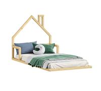 Lit enfant ELOA au sol 90x190 cm de type Montessori, tête de lit en forme de maison, en bois massif naturel