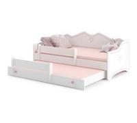 Lit Gigogne Enfants 160x80 + 2 Matelas + 2 Sommiers + Barriere De Securite Blanc