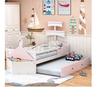 Lit enfant en bois 90 x 200 cm Lit simple en forme de voilier Lit de bateau avec Lit gigogne et meuble de rangement - Rose