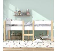 Lit Enfant en Bois Naturel 90x200cm, Lit Mi-Hauteur Lit Simple avec Protection Antichute, Lit Maison, Blanc & Chêne