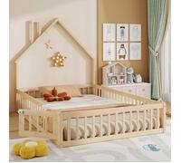 Lit enfant en forme de cabane - Motif cheminée - 140 x 190 cm - Pin naturel (MDF) - Sommier à lattes & barrières