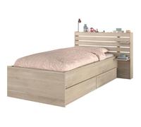 Lit enfant ESCALE 90x190/200 cm - Décor chêne - Tête de lit + 2 tiroirs - L121,5 x H88,6 x P216,8 cm
