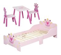 HOMCOM Lit Enfant et Ensemble Table et chaises Enfant - Design Princesse Motif Couronne - sommier à Lattes Inclus - Rose