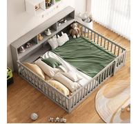 Lit Enfant Évolutif au Sol 140x200 cm en Pin avec Barrières de Sécurité et Rangement Gris Sans matelas