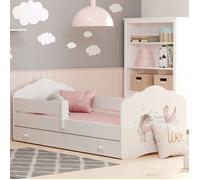 Lit enfant FALA 140x70 avec barrière, matelas, sommier et tiroir - avec illustration de petite fille avec licorne