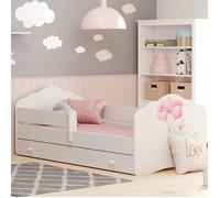 Lit enfant FALA 160x80 avec barrière, matelas, sommier et tiroir - avec illustration de lapin