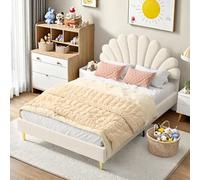 Lit Enfant Fille 140x200, Lit Double Rembourré Avec Tête De Lits En Forme De Coquillage Fleur Et Sommier à Lattes, Lits Princesse, Cadre De L_it Pour Enfants Et Adolescents, Velours, Sans Matelas