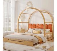 Lit enfant gigogne à baldaquin 140x200 cm - MODERNLUXE - Naturel + Orange