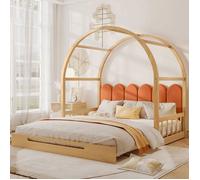 Lit enfant gigogne à baldaquin 140x200 cm - Naturel + Orange