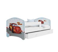 Lit Enfant Happy 80x160 Cars Blanc Livré avec sommiers, tiroir et matelas en mousse de 7cm
